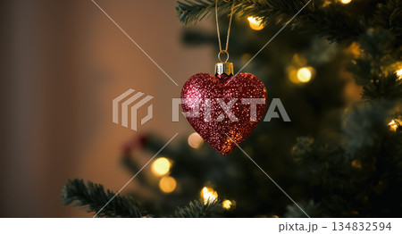Red- Rosa Glitter Heart Hanging on Pine Tree with Lights Red- Rosa Glitter Heart Hanging on Pine Tree with Lights 134832594