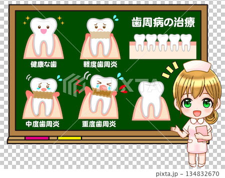 Chibi character illustration of a dental hygienist explaining periodontal disease treatment 134832670