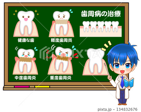 歯周病治療の説明をする歯科医のちびキャライラスト素材 134832676