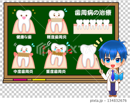 歯周病治療の説明をする歯科医のちびキャライラスト素材 134832676