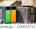 An orange and green waste container with the word plastic on it, situated near a wooden building facade with a font display. The property contains various waste products 134832713