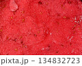 Macro background of the surface texture of a scoop of creamy strawberry icecream in square format. Raspberry sorbet texture, top view. High quality photo 134832723