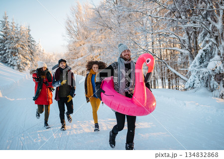 Group of friends enjoying winter time in snowy nature. Group of friends enjoying winter time in snowy nature. 134832868