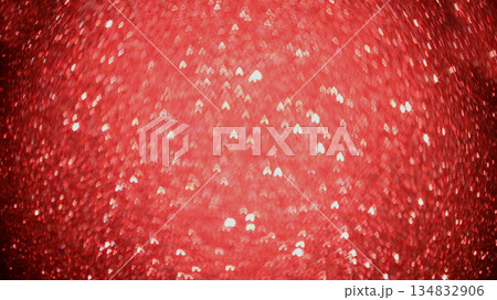 Greeting card for Valentine's Day or Women's Day. Red hearts on abstract blurred red background with bokeh. Holiday background, overlay template in photo editor for design, 134832906