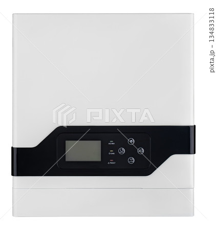 Modern hybrid inverter for solar panels with LCD display and control buttons. 134833118