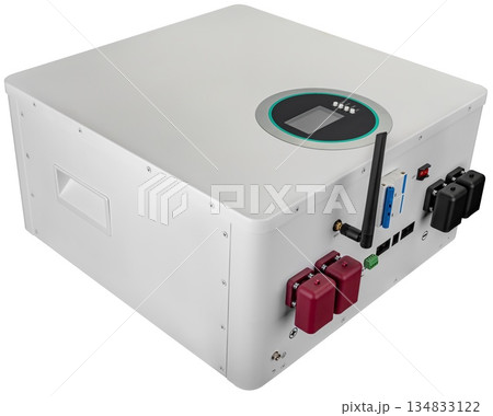 Modern lithium battery with smart BMS and display for solar systems. On a white background Modern lithium battery with smart BMS and display for solar systems. On a white background 134833122