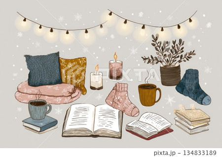 A magical cozy winter hygge vector set for an introvert featuring blankets, pillows, and steaming mugs. 134833189