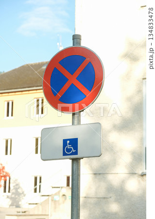 No Stopping Sign Above Disabled Parking Bay Plate 134833478