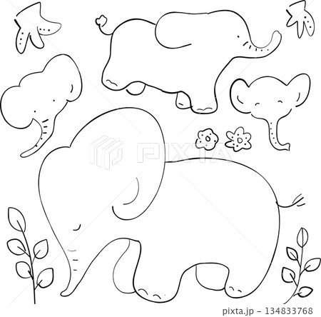 やさしいぞうのポーズと表情のモノクロ線画イラストセット 134833768