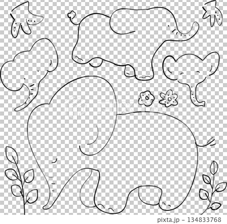 一組描繪溫順大象姿態和臉部表情的單色線條畫 一組描繪溫順大象姿態和臉部表情的單色線條畫 134833768