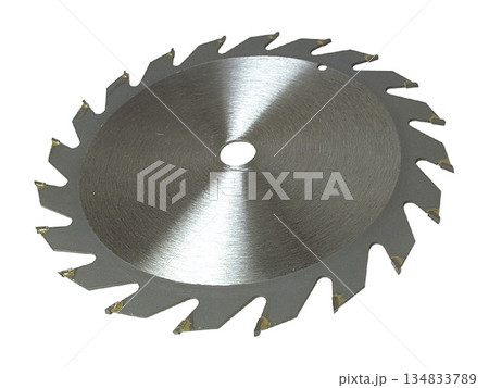 a metallic circular saw blade with sharp teeth isolated on white background 134833789