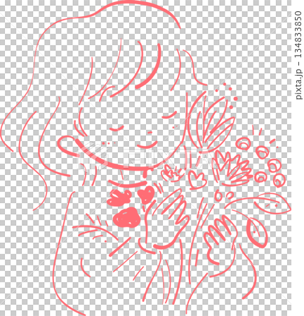 A simple line drawing of a girl holding a bouquet A simple line drawing of a girl holding a bouquet 134833850