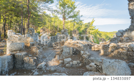 Remains of building walls in the ruins of the ancient city of Phaselis in Lycia in modern Turkey. Remains of building walls in the ruins of the ancient city of Phaselis in Lycia in modern Turkey. 134833897