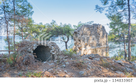 The ruins of the ancient city of Phaselis in Lycia in modern Turkey on the shores of the Mediterranean Sea. 134833907