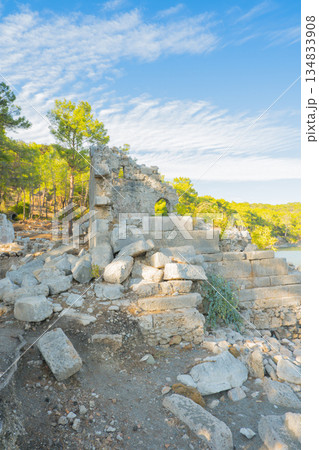 Remains of building walls in the ruins of the ancient city of Phaselis in Lycia in modern Turkey. Remains of building walls in the ruins of the ancient city of Phaselis in Lycia in modern Turkey. 134833908