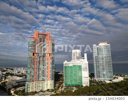 Miami Beach skyline aerial view. Miami city from drone. Tropical Miami scene. Miami district sky view. Famous oceanfront. Panoramic coastline. South beach panorama view. Summer travel in Florida. 134834003