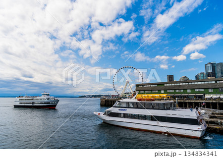 Seattle, Washington, USA - July 26, 2024: Salish explorer passenger cruise ship ferry. Ship voyage. Cruise summer vacation. Cruise ship tour. Travel at sea. Ship in port. Argosy cruises boat tour 134834341