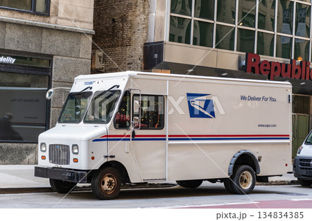 Chicago, Illinois, USA - October 08, 2024: USPS mail delivery truck. USP lorry postal service. Delivery truck courier company. Postal company USPS mail delivery truck 134834385