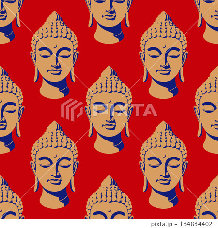 Buddha head. seamless vector pattern on bright red background 134834402