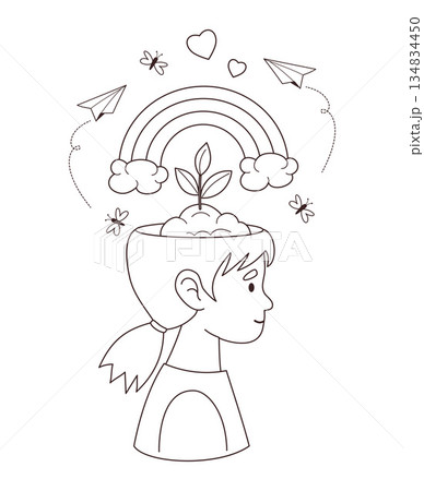 Mental Health and Positive Thinking. Outline Happy Girl with Growing Plant, Rainbow, Butterflies and Paper Plane Emerging from Her Mind. Line drawing, coloring book. Vector Illustration Not AI Mental Health and Positive Thinking. Outline Happy Girl with Growing Plant, Rainbow, Butterflies and Paper Plane Emerging from Her Mind. Line drawing, coloring book. Vector Illustration Not AI 134834450
