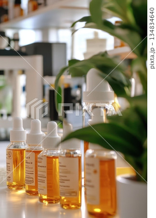 Small amber bottles with droppers sit on a table, partially obscured by lush green plant leaves, suggesting essential oils or similar products 134834640