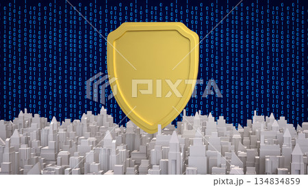 Cybersecurity Shield Protecting Digital City Infrastructure 3d render. 134834859