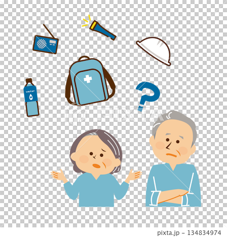 Disaster prevention: Illustration of a senior thinking about disaster prevention supplies Disaster prevention: Illustration of a senior thinking about disaster prevention supplies 134834974