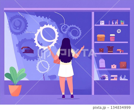 ショールームの歯車のディスプレイを眺める女性 134834999