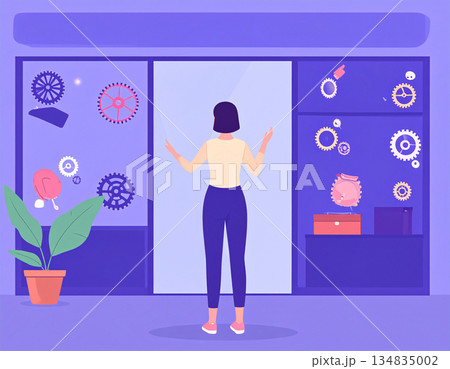 ショールームの前で歯車を選ぶ女性 134835002