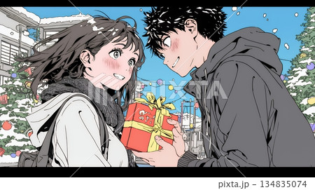 バレンタインディのチョコを男性に渡そうとしている若い女性