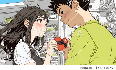 バレンタインディのチョコを男性に渡そうとしている若い女性