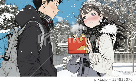 バレンタインディのチョコを男性に渡そうとしている若い女性