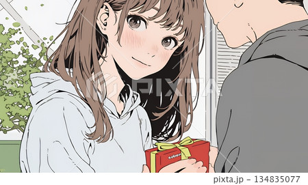 バレンタインディのチョコを男性に渡そうとしている若い女性