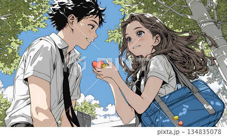 バレンタインディのチョコを男性に渡そうとしている若い女性