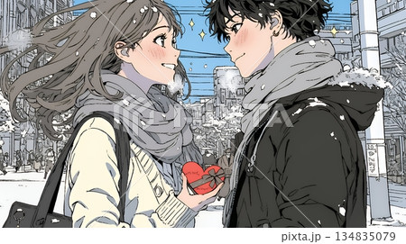 バレンタインディのチョコを男性に渡そうとしている若い女性