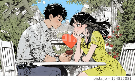 バレンタインディのチョコを男性に渡そうとしている若い女性