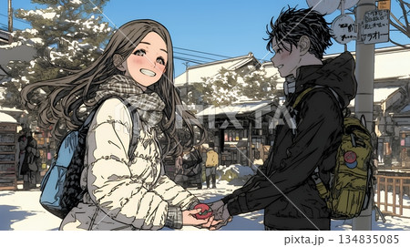 バレンタインディのチョコを男性に渡そうとしている若い女性