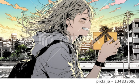 バレンタインディのチョコを男性に渡そうとしている若い女性