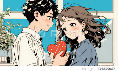 バレンタインディのチョコを男性に渡そうとしている若い女性