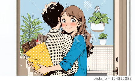 バレンタインディのチョコを男性に渡そうとしている若い女性 134835088