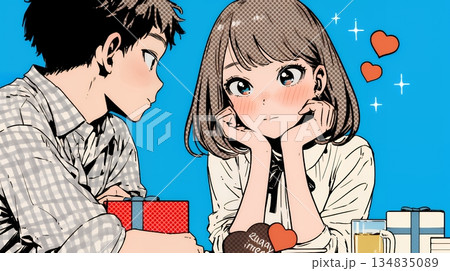 バレンタインディのチョコを男性に渡そうとしている若い女性