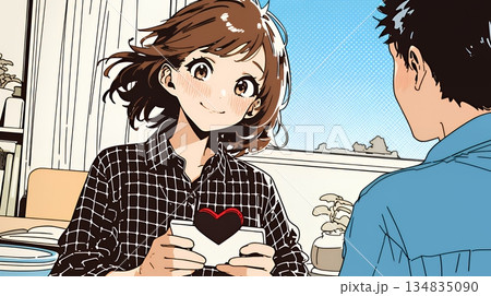 バレンタインディのチョコを男性に渡そうとしている若い女性