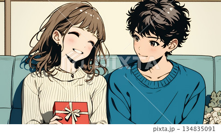 バレンタインディのチョコを男性に渡そうとしている若い女性