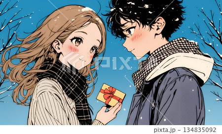 バレンタインディのチョコを男性に渡そうとしている若い女性