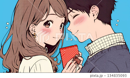 バレンタインディのチョコを男性に渡そうとしている若い女性