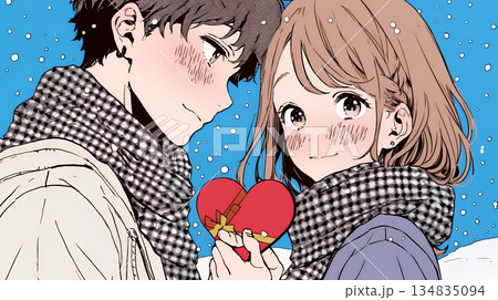 バレンタインディのチョコを男性に渡そうとしている若い女性