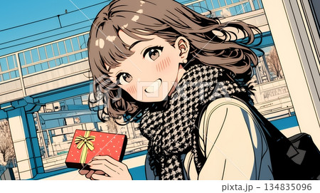 バレンタインディのチョコを男性に渡そうとしている若い女性