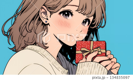 バレンタインディのチョコを男性に渡そうとしている若い女性