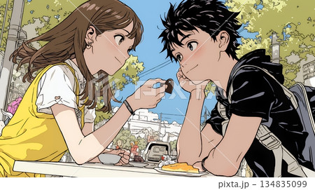 バレンタインディのチョコを男性に渡そうとしている若い女性