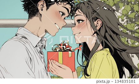 バレンタインディのチョコを男性に渡そうとしている若い女性 134835101